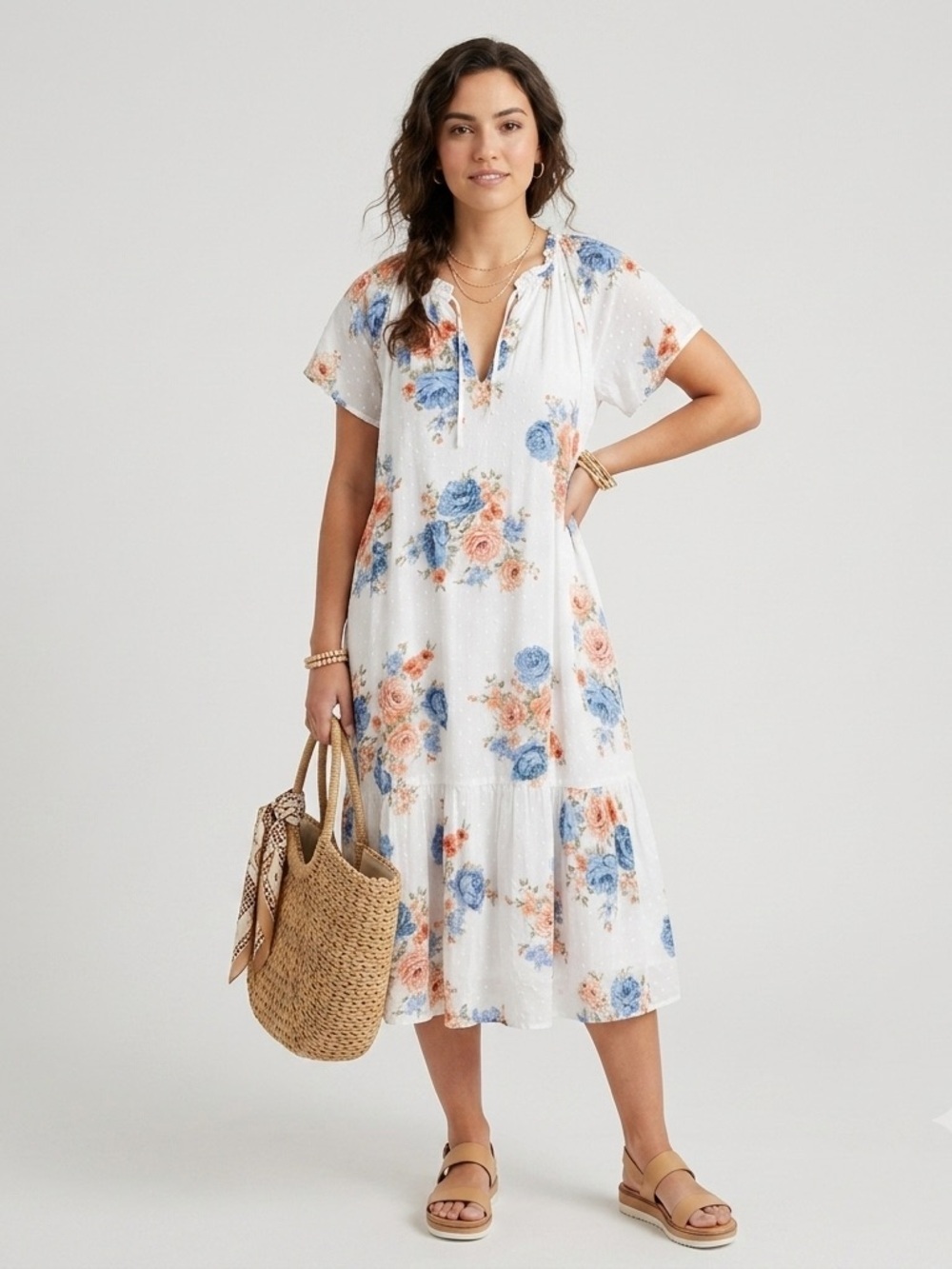 LOFT White Blue Floral Print Clip Dot Midi Dress Size LARGE Short Sleeve Tiered